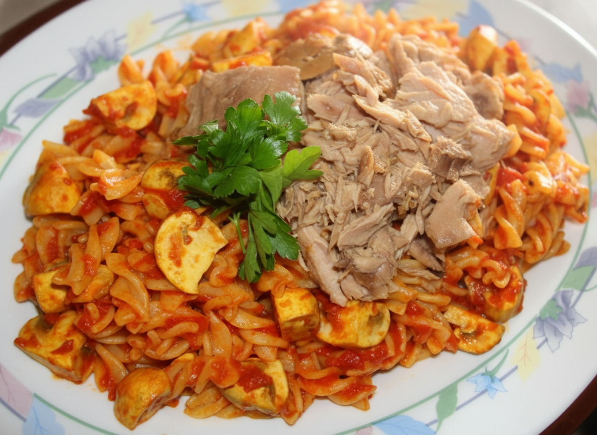 پاستا با قارچ و ماهی تن