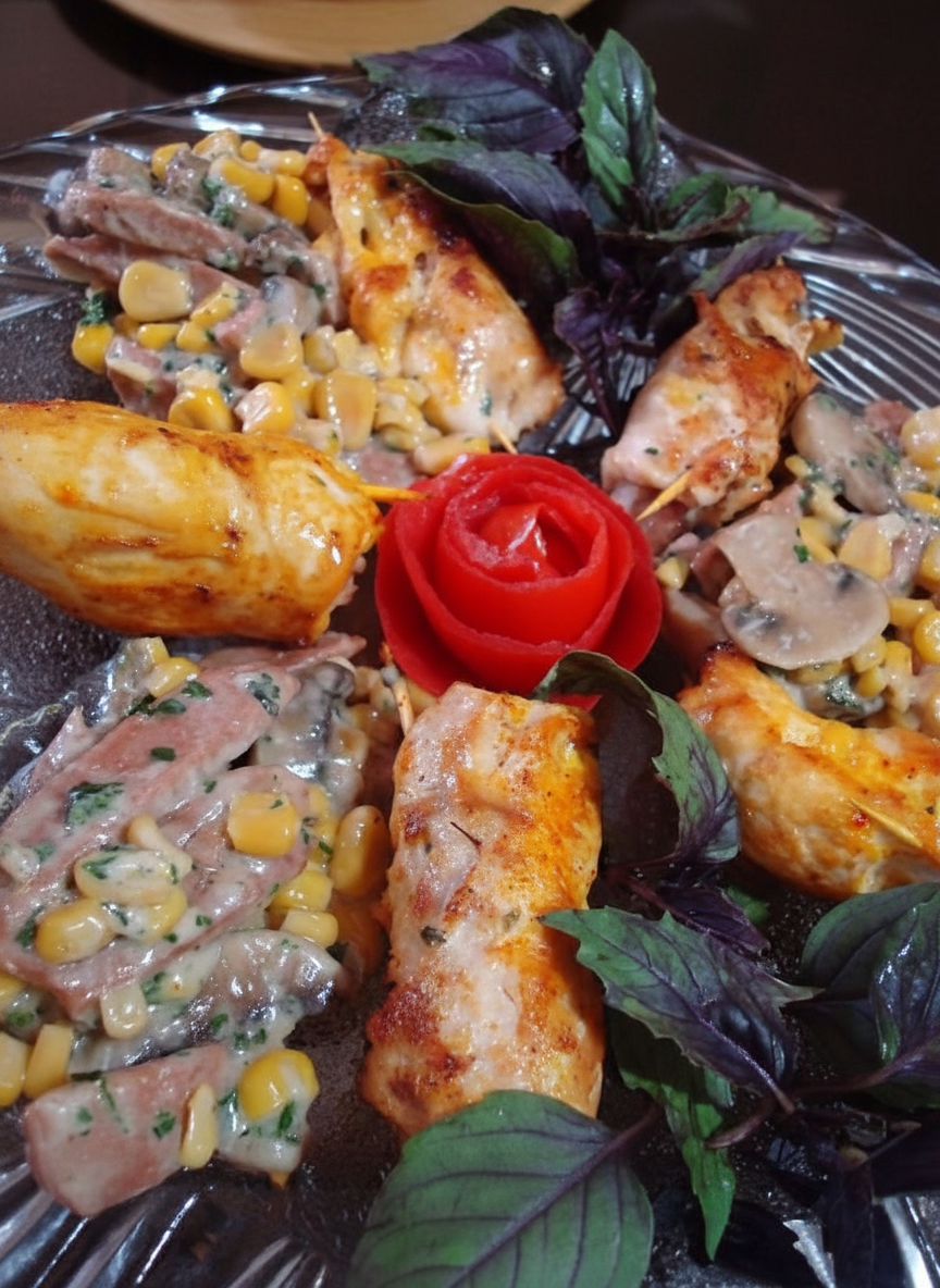 لقمه مرغ و سوسیس با دورچین مخصوص